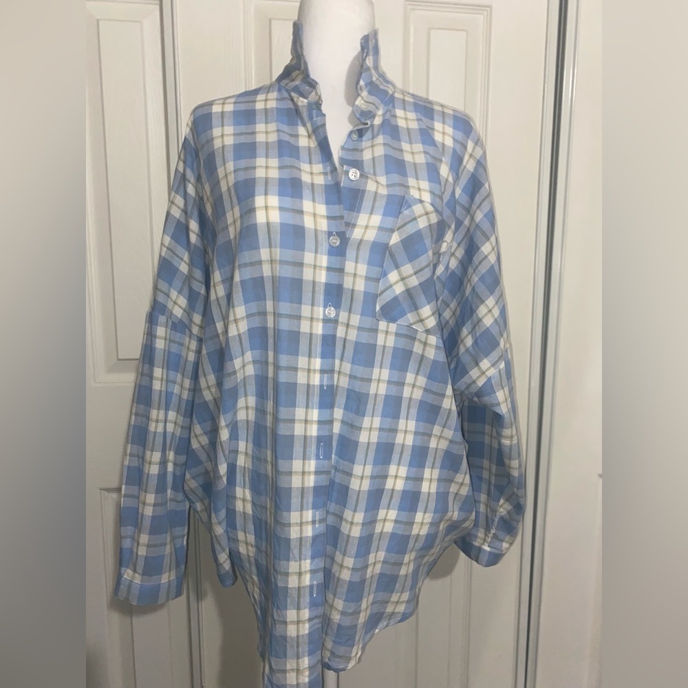 Fashion Nova Light Blue Oversized Plaid Shirt - Picture 2 of 6
